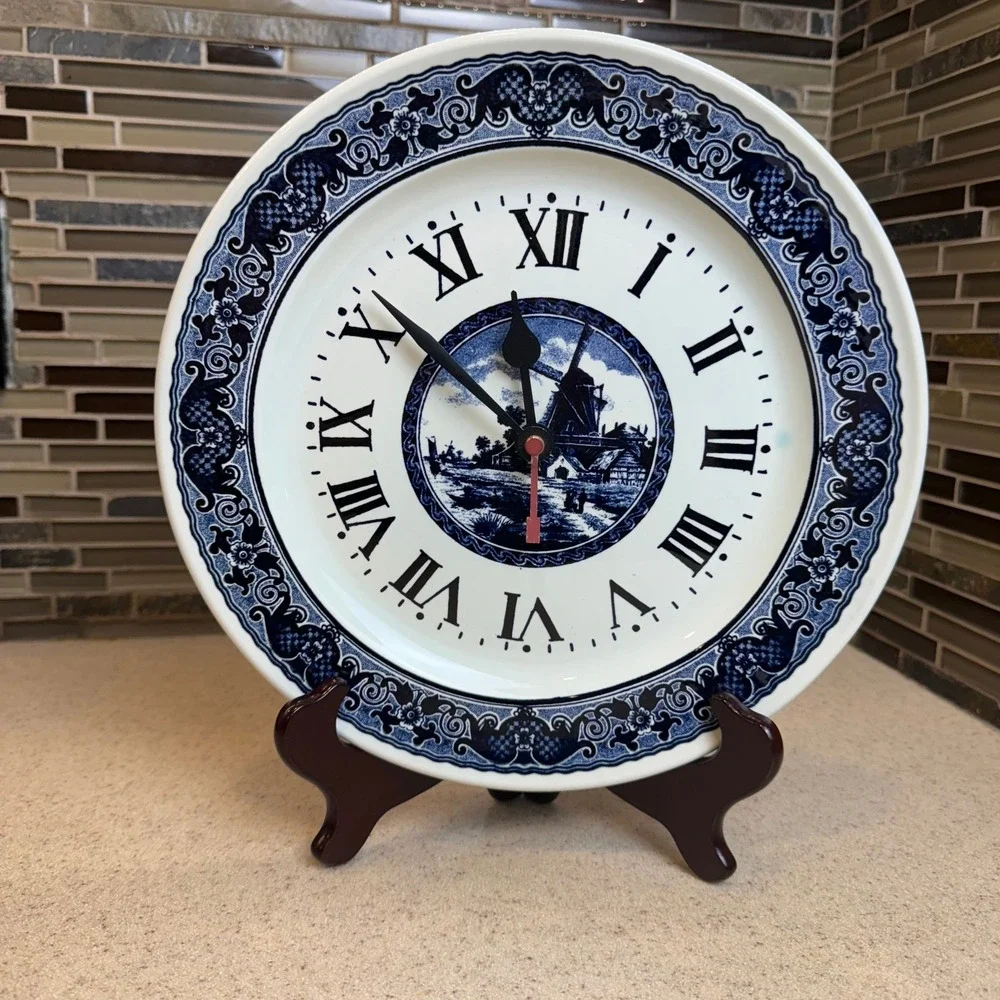 Vintage Boch Delft Blue White Windmill‎ Ceramic Plate Wall Clock Belgium WORKS